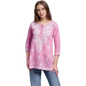 Women's Rayon Chikankari Embroidered Tunic Top, Floral Design, 3/4 Sleeve, Casual in Saudi Arabia