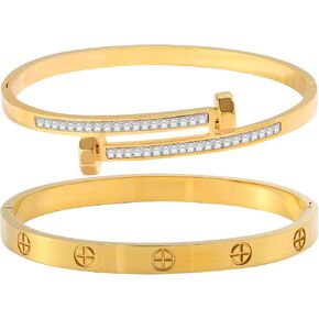 Acnode 2PCS Gold Bracelets for Women Friendship & Love Theme Crystal Bangle Set Stainless Steel Non Tarnish Jewelry, Ideal Birthday Gift. in Saudi Arabia