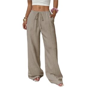 RoseSeek Women's Drawstring Waist Wide Leg Pants Low Rise Beach Holiday Loose Trousers with Pockets in Kuwait
