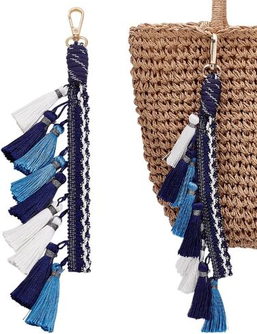 PH PandaHall 1 بوصة Boho Macrame Keychain شرابة سوار سلسلة المفاتيح الأزرق الداكن اليدوية شرابة حقيبة سحر المعصم الحبل للمفاتيح محفظة محفظة حقيبة يد ديكور قلادة in Saudi Arabia
