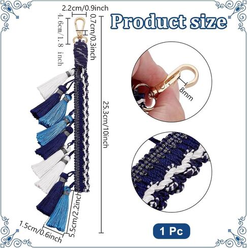 PH PandaHall 1 بوصة Boho Macrame Keychain شرابة سوار سلسلة المفاتيح الأزرق الداكن اليدوية شرابة حقيبة سحر المعصم الحبل للمفاتيح محفظة محفظة حقيبة يد ديكور قلادة in Saudi Arabia