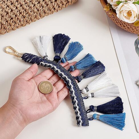 PH PandaHall 1 بوصة Boho Macrame Keychain شرابة سوار سلسلة المفاتيح الأزرق الداكن اليدوية شرابة حقيبة سحر المعصم الحبل للمفاتيح محفظة محفظة حقيبة يد ديكور قلادة in Saudi Arabia
