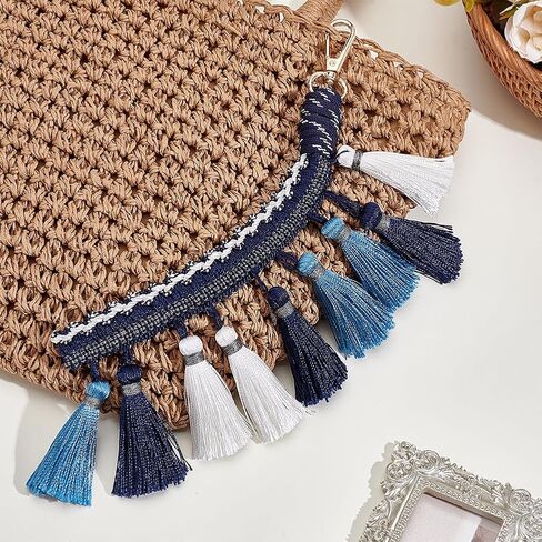 PH PandaHall 1 بوصة Boho Macrame Keychain شرابة سوار سلسلة المفاتيح الأزرق الداكن اليدوية شرابة حقيبة سحر المعصم الحبل للمفاتيح محفظة محفظة حقيبة يد ديكور قلادة in Saudi Arabia