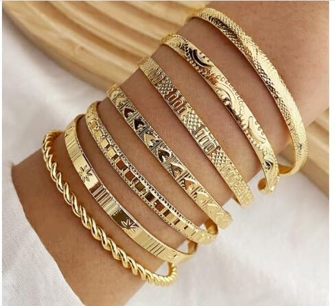 Gold Bangle Bracelet, Gold Plated Dainty Layered Chain, 14K Layer Stackable Cuff Bracelet Set for Women in Saudi Arabia