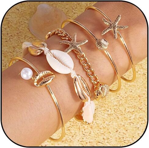 Gold Shell Starfish Bracelet for Women Seashell Pearl Stack Bracelet Boho Starfish Beach Cuff Bracelets Trendy Summer Surfer Ocean Beach Jewelry Gift in Saudi Arabia