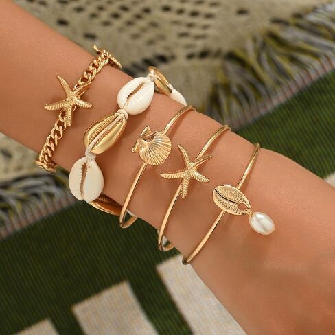 Gold Shell Starfish Bracelet for Women Seashell Pearl Stack Bracelet Boho Starfish Beach Cuff Bracelets Trendy Summer Surfer Ocean Beach Jewelry Gift in Saudi Arabia