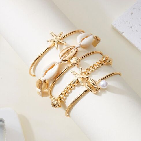 Gold Shell Starfish Bracelet for Women Seashell Pearl Stack Bracelet Boho Starfish Beach Cuff Bracelets Trendy Summer Surfer Ocean Beach Jewelry Gift in Saudi Arabia