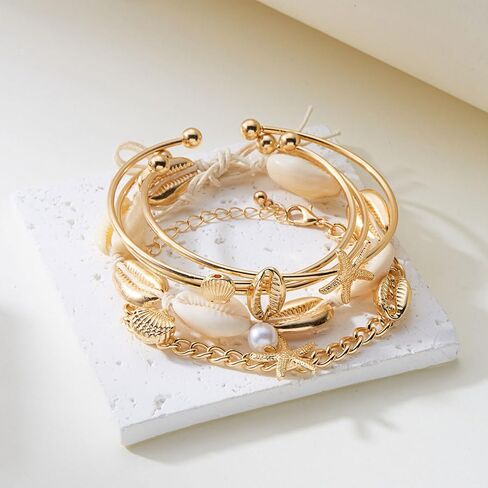 Gold Shell Starfish Bracelet for Women Seashell Pearl Stack Bracelet Boho Starfish Beach Cuff Bracelets Trendy Summer Surfer Ocean Beach Jewelry Gift in Saudi Arabia