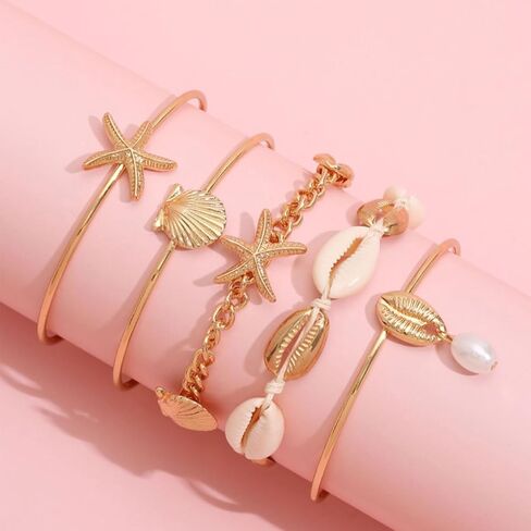 Gold Shell Starfish Bracelet for Women Seashell Pearl Stack Bracelet Boho Starfish Beach Cuff Bracelets Trendy Summer Surfer Ocean Beach Jewelry Gift in Saudi Arabia