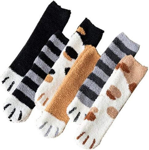 3-Pack Cat Paw Print Floor Socks, Coral Fleece, Mid-Calf Length in Saudi Arabia