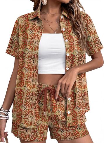 Rapbin Women's 2 Piece Summer Outfits Button Down Short Sleeve Shirt Set, Suitable for Office, Travel & Shopping Black in Saudi Arabia