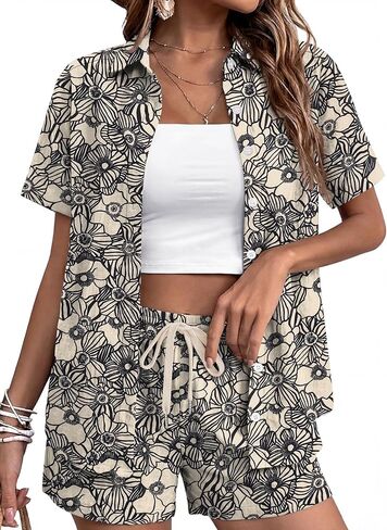 Rapbin Women's 2 Piece Summer Outfits Button Down Short Sleeve Shirt Set, Suitable for Office, Travel & Shopping Black in Saudi Arabia