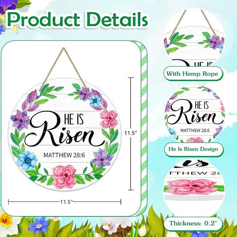 FLYAB He is Risen ديكور علامة إكليل للباب الأمامي 11.5 بوصة ديكورات باب عيد الفصح الدينية مزرعة لقد قام برفع علامة شماعات عيد الفصح المسيحية للمنزل الأمامي ديكورات جدار الربيع in Saudi Arabia
