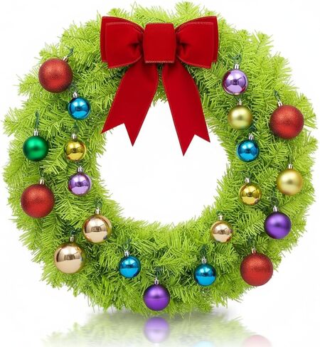 Daifunli 24 Inch Lime Green Christmas Wreath Large Red Bow and Colored Balls Ornaments Artificial Spruce Wreath for Xmas Winter Holiday Front Door Wall Windows Mantle Home Decoration in Saudi Arabia