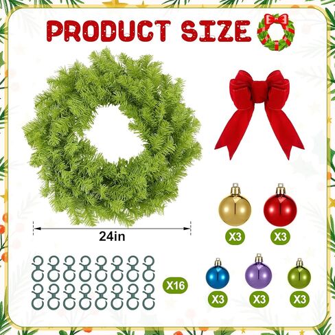 Daifunli 24 Inch Lime Green Christmas Wreath Large Red Bow and Colored Balls Ornaments Artificial Spruce Wreath for Xmas Winter Holiday Front Door Wall Windows Mantle Home Decoration in Saudi Arabia