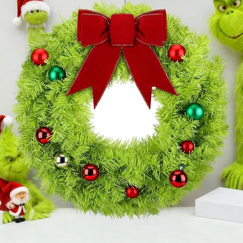 Daifunli 24 Inch Lime Green Christmas Wreath Large Red Bow and Colored Balls Ornaments Artificial Spruce Wreath for Xmas Winter Holiday Front Door Wall Windows Mantle Home Decoration in Saudi Arabia
