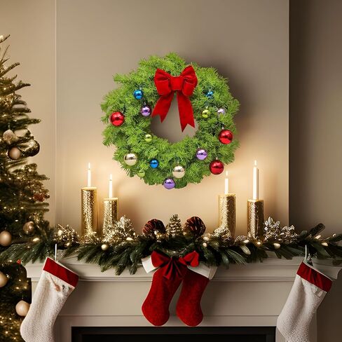 Daifunli 24 Inch Lime Green Christmas Wreath Large Red Bow and Colored Balls Ornaments Artificial Spruce Wreath for Xmas Winter Holiday Front Door Wall Windows Mantle Home Decoration in Saudi Arabia