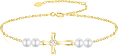 SISGEM 10k Gold Lab Grown Diamond and Pearl Cross Bracelet for Women, Confirmation Jewelry Gifts for Her 6.2"-7.8" in Saudi Arabia