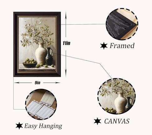 Vintage Black Gold Framed Olive Branch Canvas Wall Art Rustic Still Life Wall Decor Terracotta Vase Olive Painting Picture Kitchen Botanical Print Artwork for Farmhouse Home Decoration 9x11in in Saudi Arabia