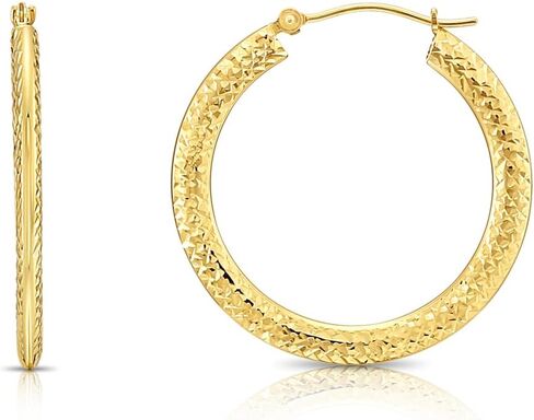 14k Yellow Gold Diamond-cut Flat Hoop Earrings, 2mm Tube Thickness… in Saudi Arabia