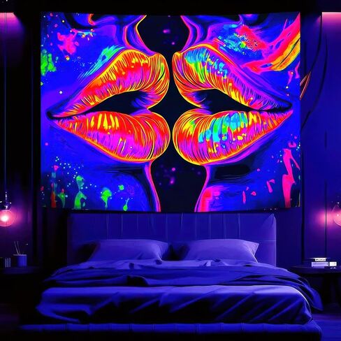 BlissYard Blacklight نسيج الشفاه متوهجة 78x59 بوصة الأشعة فوق البنفسجية رد الفعل كبير النيون ملصقات الديكور الجدار شنقا للمنزل غرفة المعيشة غرفة نوم ديكور حفلة صور تبادل لاطلاق النار الدعائم in Kuwait
