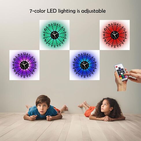 ساعة شبكة العنكبوت للهالوين - تغيير لون RGB مقاس 16 بوصة مع جهاز التحكم عن بعد، تتوهج في الظلام، ديكور مخيف للحفلات، ديكور الهالوين القوطي الحديث in Kuwait