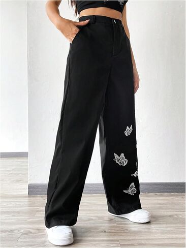 SweatyRocks Women's Wide Leg Baggy Pants Butterfly Print High Waisted Casual Trousers with Pocktes in Saudi Arabia