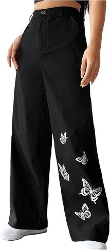 SweatyRocks Women's Wide Leg Baggy Pants Butterfly Print High Waisted Casual Trousers with Pocktes in Saudi Arabia