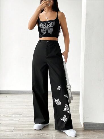 SweatyRocks Women's Wide Leg Baggy Pants Butterfly Print High Waisted Casual Trousers with Pocktes in Saudi Arabia
