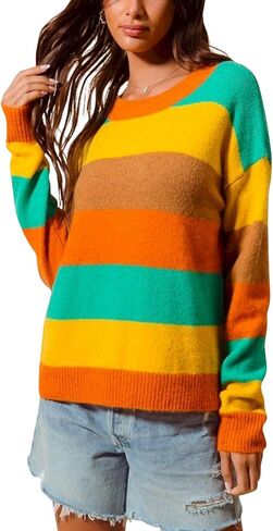 Womens Casual Pullover Retro Colorblock Striped Knit Rainbow Pattern Long Sleeve Oversized in Saudi Arabia