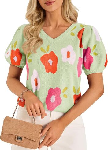 Cicy Bell Womens Puff Short Sleeve Sweater Tops 2026 Spring Summer Floral Pullover V Neck Casual Knit T Shirts in Saudi Arabia