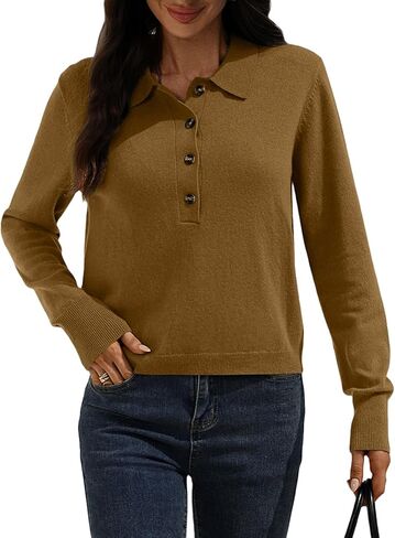 AMZANGEL Women's Merino Wool Cropped Sweater 100% Wool Polo Collared Half Button up Long Sleeve Pullover Sweaters in Kuwait