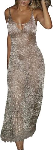 Milumia Women's Glitter Spaghetti Strap Sheer Dress Sexy Cut Out Bodycon Maxi Cami Dresses in Saudi Arabia