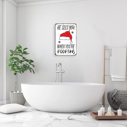 Christmas Bathroom Decor Christmas Signs for Bathroom Santa Hat Vintage Funny Metal Signs He Sees When You Are Pooping 8x12 In in Saudi Arabia