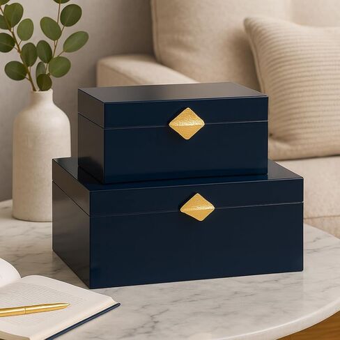 Vintiquewise Set of 2 Decorative Wooden Storage Boxes with Gold Accent – Boxes for Keys, Jewelry, Makeup, Accessories, Crafts, Gadgets, Home Office, Living Room, Bedroom & Entryway Décor, Blue in Saudi Arabia