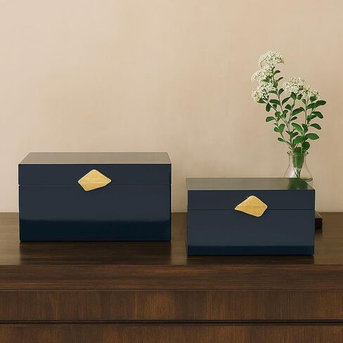 Vintiquewise Set of 2 Decorative Wooden Storage Boxes with Gold Accent – Boxes for Keys, Jewelry, Makeup, Accessories, Crafts, Gadgets, Home Office, Living Room, Bedroom & Entryway Décor, Blue in Saudi Arabia