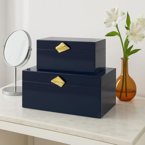 Vintiquewise Set of 2 Decorative Wooden Storage Boxes with Gold Accent – Boxes for Keys, Jewelry, Makeup, Accessories, Crafts, Gadgets, Home Office, Living Room, Bedroom & Entryway Décor, Blue in Saudi Arabia