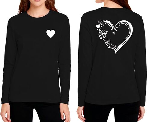 تي شيرت نسائي طويل الأكمام برسومات قلب - قمصان كاجوال بياقة دائرية وطبعة حب لطيفة، قمصان عيد الحب للنساء in Kuwait