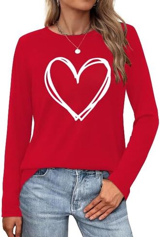 تي شيرتات نسائية Love Heart Raglans تي شيرت كاجوال بأكمام طويلة لعيد الحب برسوم جرافيك in Kuwait