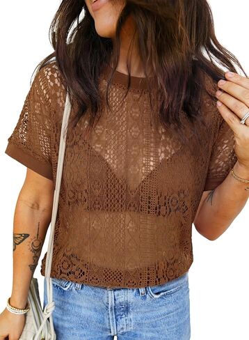 EVALESS Womens Spring Summer Tops Casual Lace Tops Crewneck Short Sleeve Shirts Cut Out T Shirts Sheer Crochet Knit Blouses in Saudi Arabia