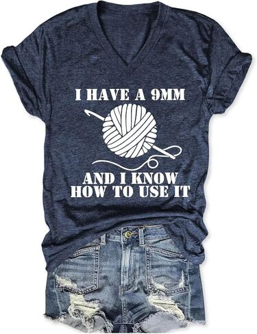 Funny Crochet Lover Shirt Women I Have a 9mm and I Know Humor Graphic Tees Tops Crocheting Mom Tshirt Knitting T-Shirt in Saudi Arabia