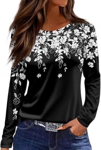 قمصان طويلة الأكمام للنساء الأزهار Crewneck تجريب البلوزات لطيف عادية فضفاضة تناسب القمم موضة خريف 2025 in Saudi Arabia