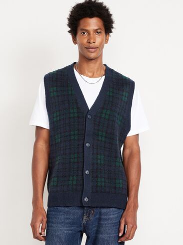 Old Navy SoSoft Button-Front Sweater Vest - Medium Blue Plaid in Saudi Arabia