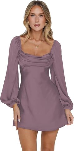 zoteno Satin Cowl Neck Homecoming Dresses for Teens 2026 Long Sleeve Short Pleated A-line Prom Cocktail Gowns in Saudi Arabia