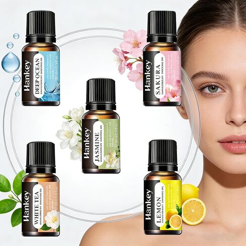 Ocean, White Tea, Jasmine, Lemon & Cherry Blossom Essential Oil Set, 5 x 10ml, Aromatherapy Oils for Diffuser, Daily Use in Saudi Arabia