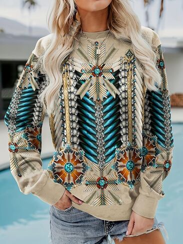 Women's Ethnic Print Sweatshirt Boho Style Causal Trendy Clothes in Saudi Arabia