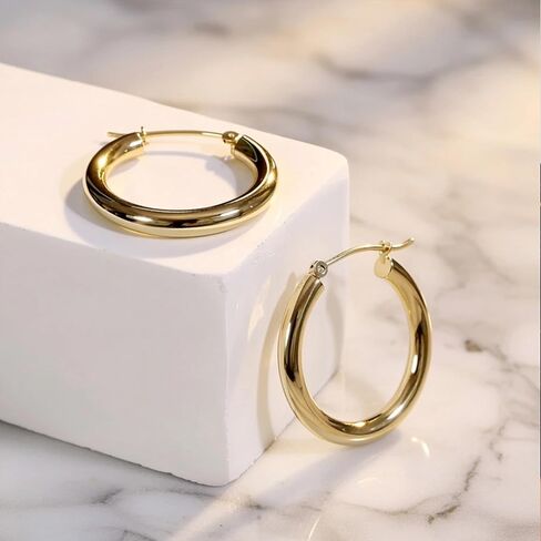 14K Yellow Gold 3MM Shiny Round Tube Hoop Earrings in Saudi Arabia