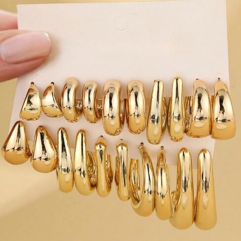 10 Pairs Hypoallergenic Chunky Gold Dangle Earrings Women Fashion Thick Gold Plated Hoop Earrings Set Lightweight Jewelry in Saudi Arabia