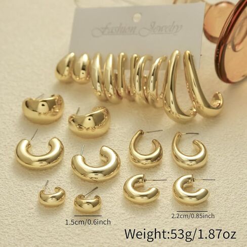 10 Pairs Hypoallergenic Chunky Gold Dangle Earrings Women Fashion Thick Gold Plated Hoop Earrings Set Lightweight Jewelry in Saudi Arabia