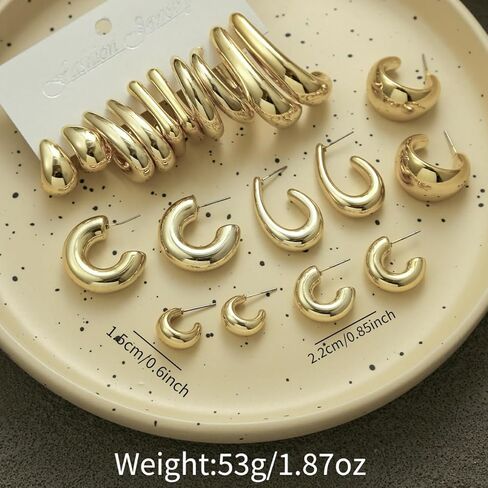 10 Pairs Hypoallergenic Chunky Gold Dangle Earrings Women Fashion Thick Gold Plated Hoop Earrings Set Lightweight Jewelry in Saudi Arabia